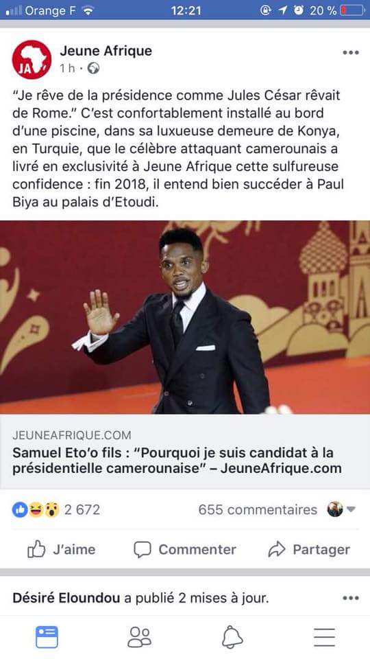 BUZZ SUR LA CANDIDATURE SUPPOSEE  À L'ELECTION PRESIDENTIELLE AU CAMEROUN, SAMUEL ETO'O OPPOSE UN DEMENTI FORMEL  À JEUNE AFRIQUE ET FRANCE 24