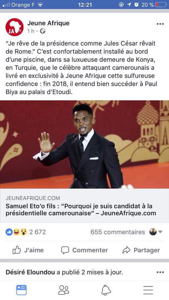 BUZZ SUR LA CANDIDATURE SUPPOSEE  À L'ELECTION PRESIDENTIELLE AU CAMEROUN, SAMUEL ETO'O OPPOSE UN DEMENTI FORMEL  À JEUNE AFRIQUE ET FRANCE 24